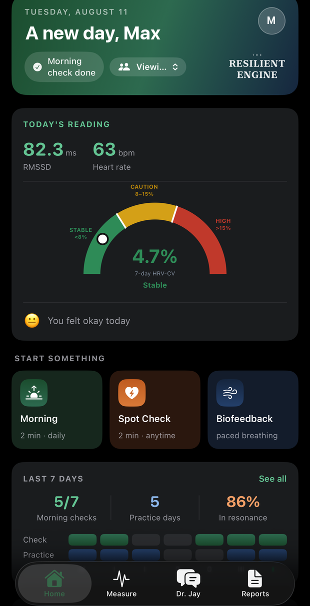 The Resilient Engine home screen showing today's reading, an HRV-CV stability gauge and the last seven days