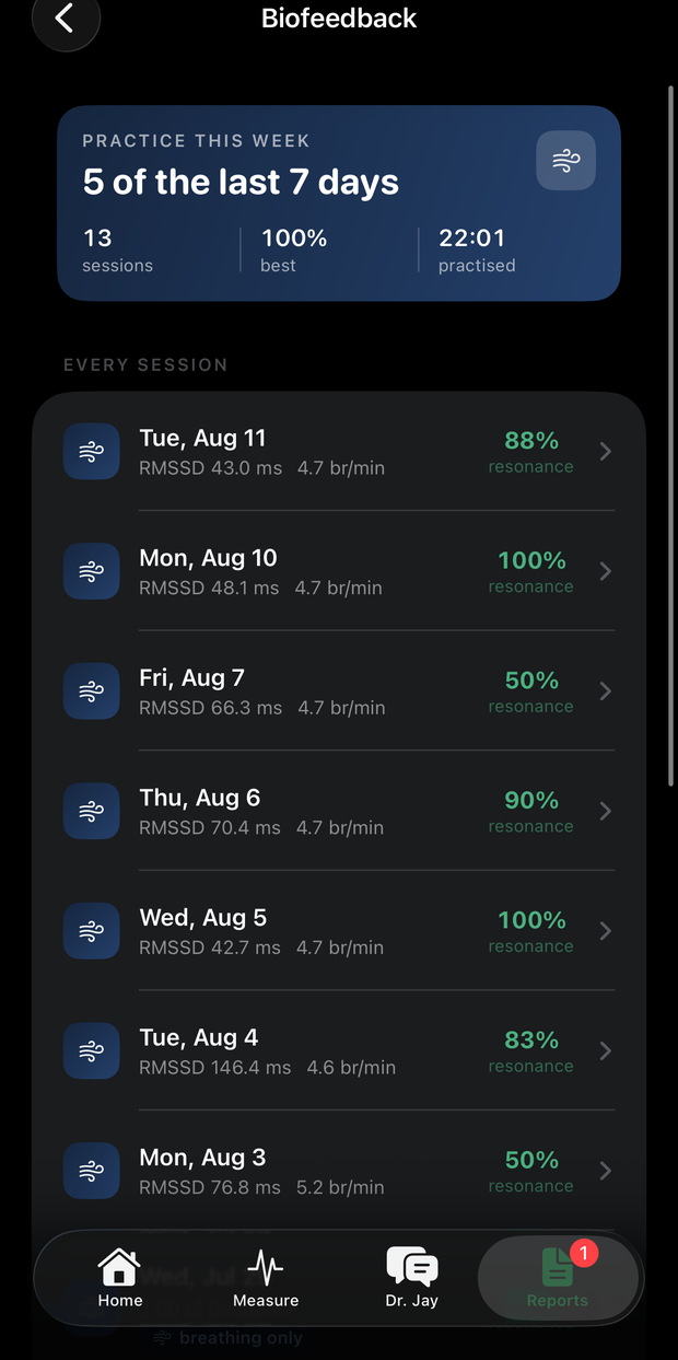 The sessions list showing past biofeedback sessions