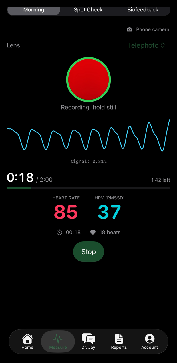 A reading in progress showing the live pulse waveform with heart rate 85 and RMSSD 37