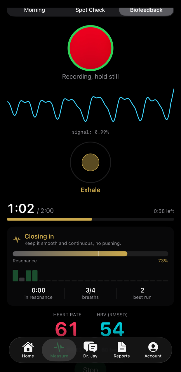 A biofeedback session closing in on resonance with heart rate 61 and RMSSD 54