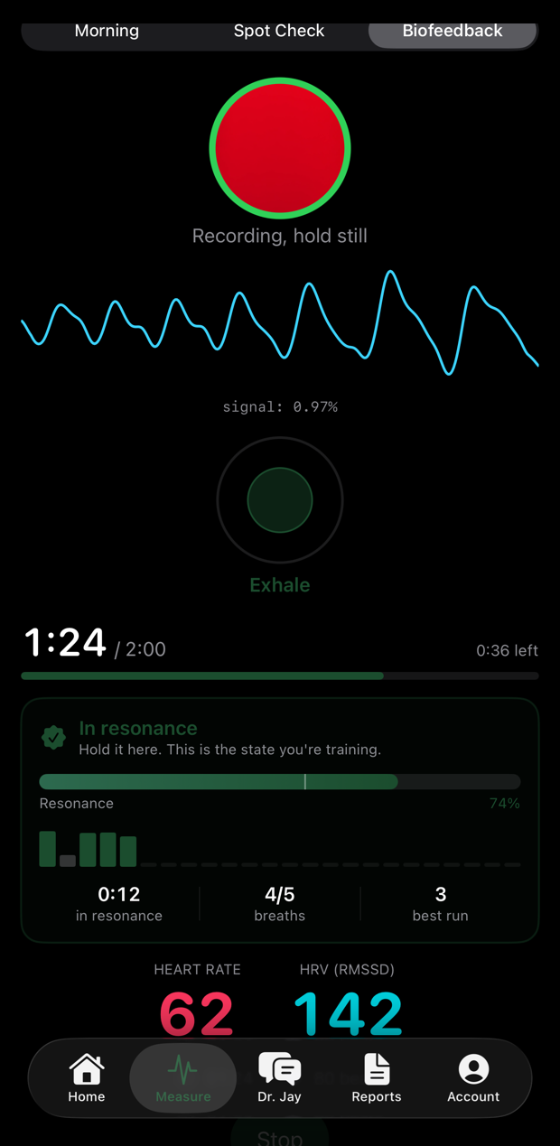 A biofeedback session at resonance with the breath pacer running
