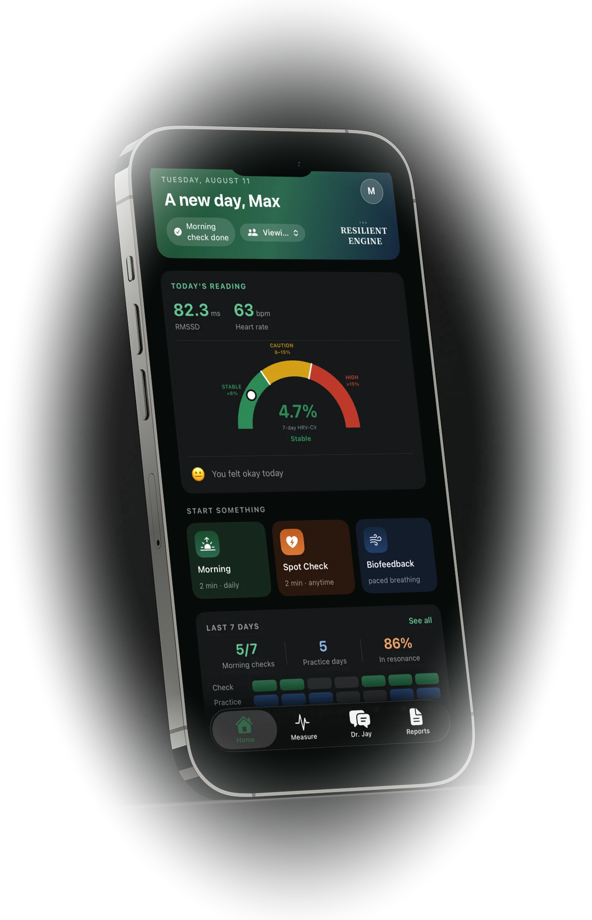 The Resilient Engine app on an iPhone, showing the morning reading, an HRV-CV stability gauge at 4.7 percent, and the last seven days